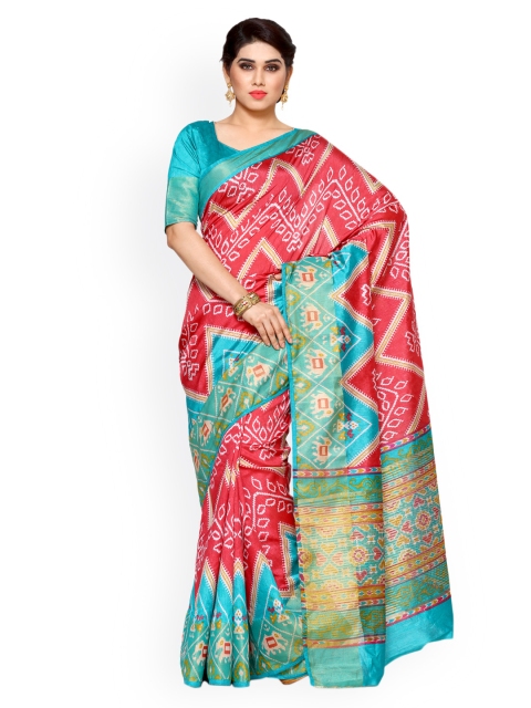 

MIMOSA Coral Pink Art Silk Ikat Kanjeevaram Banarasi Printed Saree