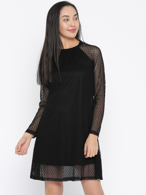 

Honey by Pantaloons Women Black Self Design A-Line Lace Dress