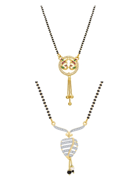 

aadita Set Of 2 Gold-Plated & White Artificial Stones Studded & Beaded Mangalsutra