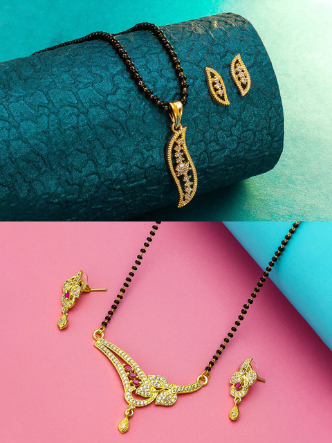 

aadita Set Of 2 Gold-Plated Artificial Stone Studded Mangalsutra With Earrings
