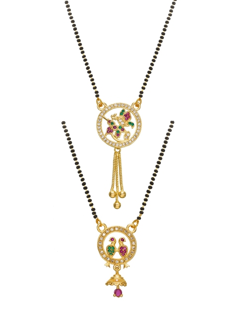 

aadita Set Of 2 Gold-Plated Stone-Studded & Beaded Mangalsutra