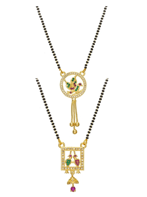 

aadita Set Of 2 Gold-Plated White Stone-Studded & Black-Beaded Mangalsutras