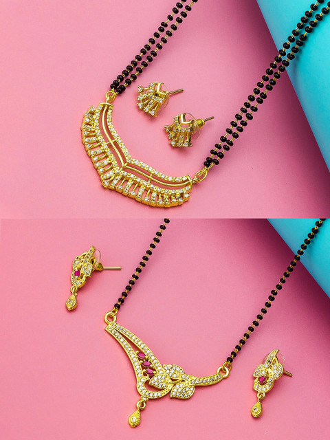 

aadita Set Of 2 Gold-Plated White Stone-Studded Mangalsutra & Beaded Mangalsutra With Earrings