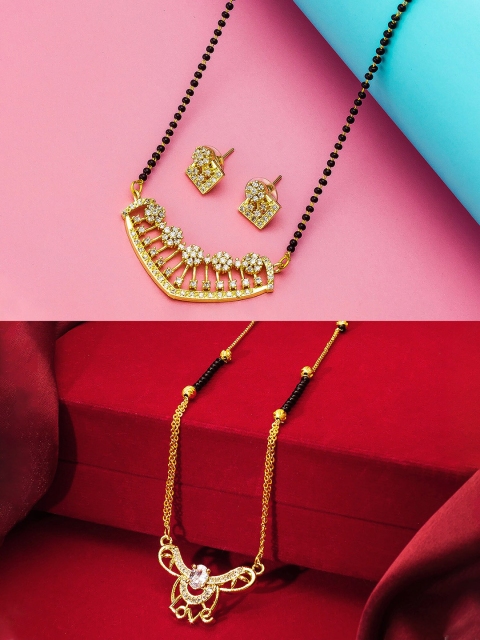 

aadita Set Of 2 Gold-Plated White Stone-Studded & Black-Beaded Mangalsutras