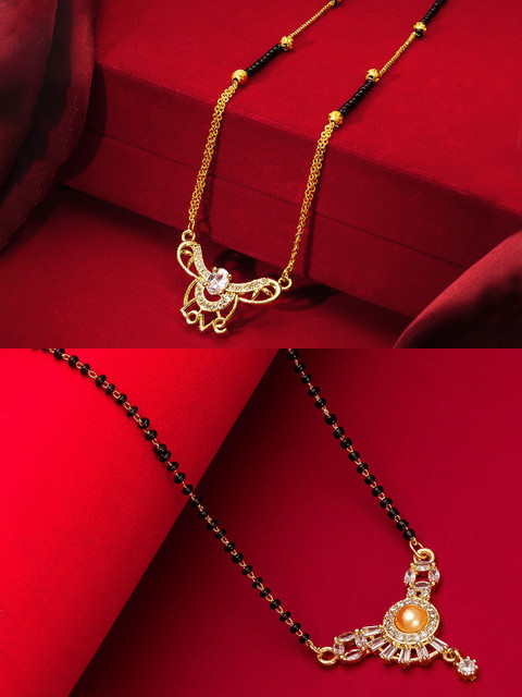

aadita Set Of 2 Gold-Toned & White Stones-Studded & Beaded Mangalsutras