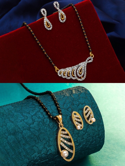 

aadita Set Of 2 Gold-Plated Stone-Studded & Beaded Mangalsutras With Earrings