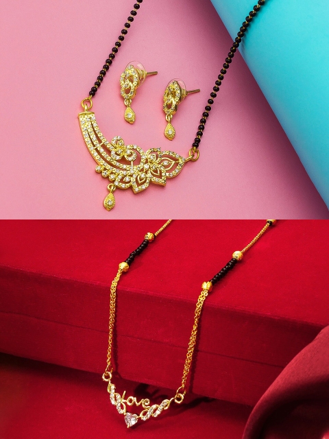 

aadita Set Of 2 Gold-Plated White Stone-Studded & Black-Beaded Mangalsutras With Earrings
