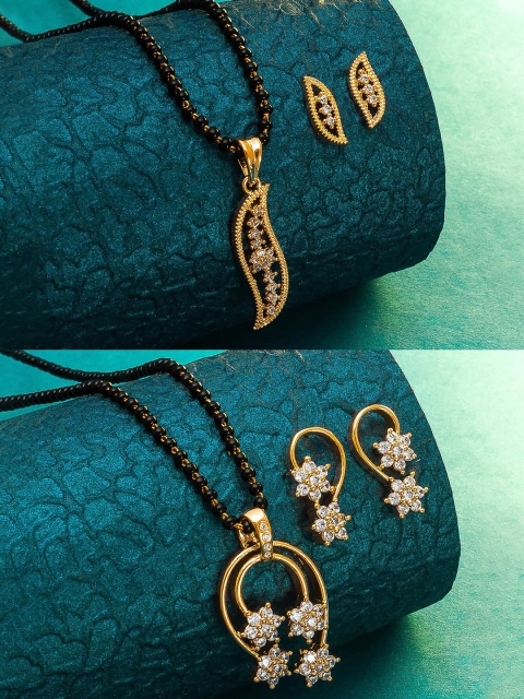 

aadita Set Of 2 Gold-Plated White & Black Stone-Studded & Beaded Mangalsutra Set