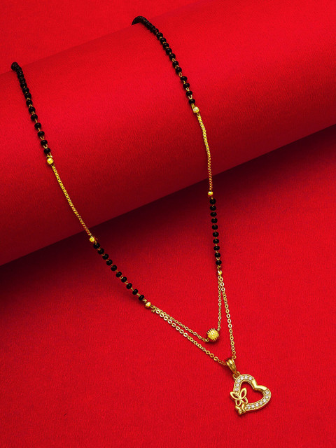 

aadita Set Of 2 Gold-Plated White Stone-Studded & Black-Beaded Mangalsutra With Earrings