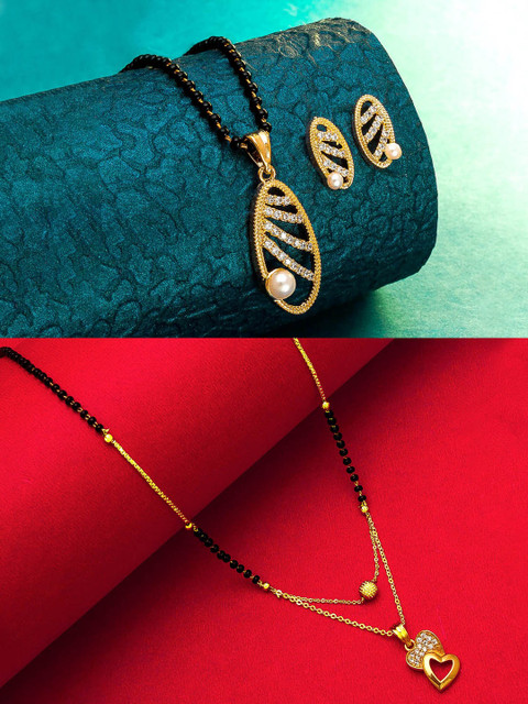 

aadita Set Of 2 Gold-Plated White Stone-Studded & Black-Beaded Mangalsutra With Earrings