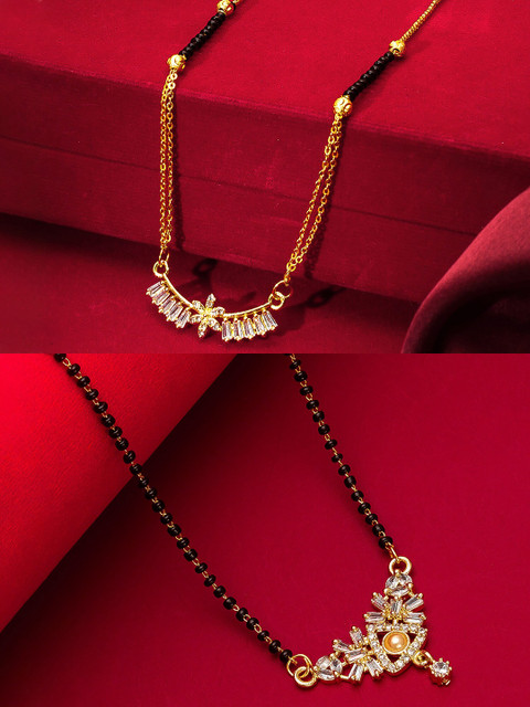 

aadita Set Of 2 Gold-Plated White & Black Stone-Studded & Beaded Mangalsutras