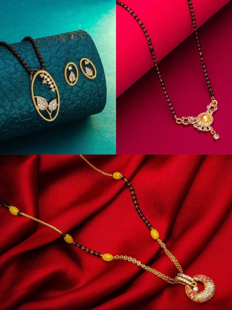 

aadita Set Of 3 Gold-Plated White Stone-Studded & Black-Beaded Mangalsutras With Earrings