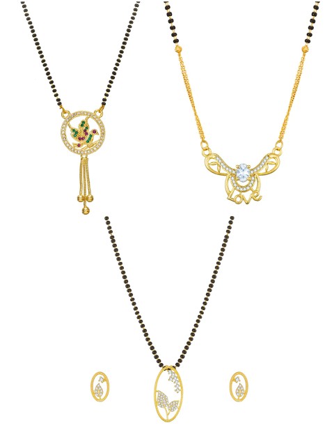 

aadita Set Of 3 Gold-Plated White Stone-Studded & Black-Beaded Mangalsutra With Earrings