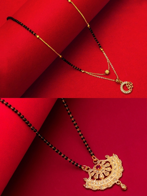 

aadita Set Of 2 Gold-Plated White Stone-Studded & Black-Beaded Mangalsutra