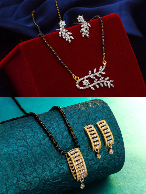 

aadita Set Of 2 Gold-Toned & White Stones-Studded & Beaded Mangalsutra With Earrings