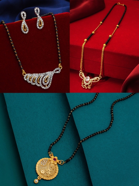 

aadita Set Of 2 Gold-Plated Stone-Studded & Beaded Mangalsutra With Earrings