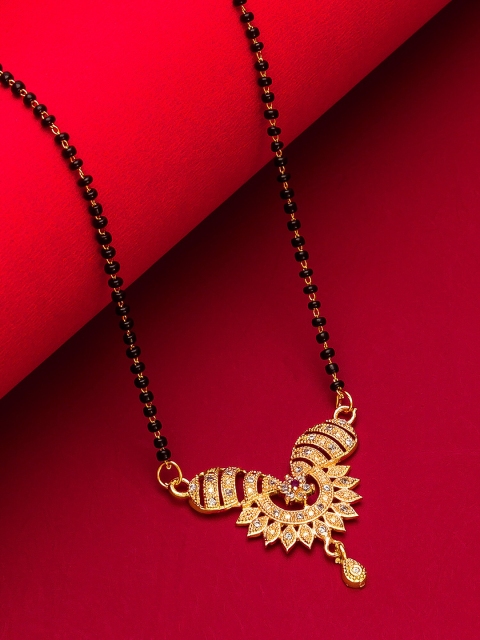 

aadita Set Of 3 Gold-Plated Black & White Stone-Studded & Beaded Mangalsutra With Earrings
