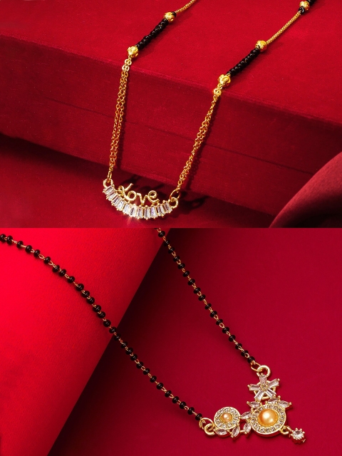 

aadita Set Of 2 Gold-Toned & White Stones-Studded & Beaded Mangalsutra
