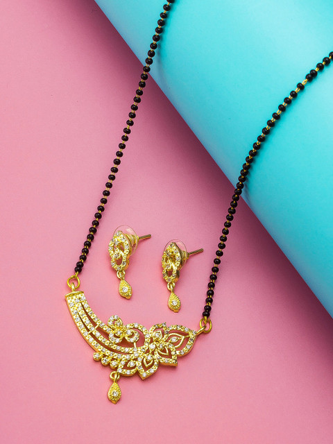 

aadita Set Of 2 Gold-Plated White & Black Stone-Studded & Beaded Mangalsutra With Earrings