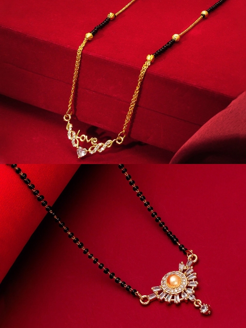 

aadita Set Of 2 Gold-Toned & White Stones-Studded & Beaded Mangalsutra