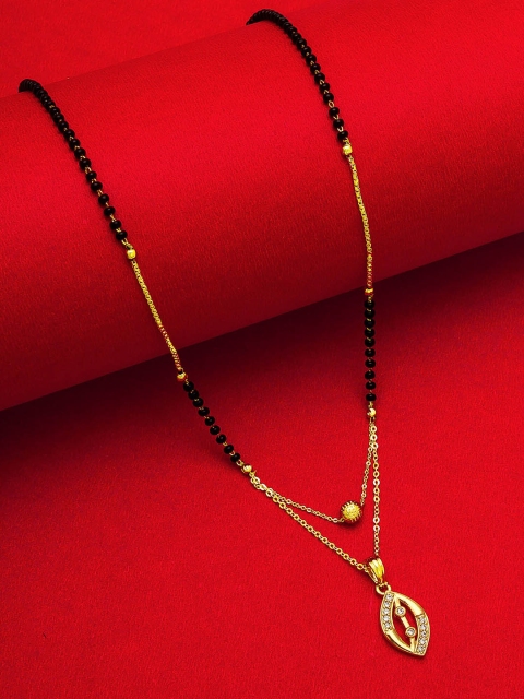 

aadita Set Of 3 Gold-Plated Black & White Stone Studded & Beaded Mangalsutra With Earrings