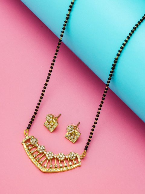 

aadita Set Of 3 Gold-Toned & White Stones-Studded & Beaded Mangalsutra With Earrings