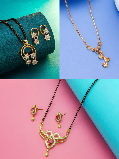 

aadita Set Of 3 Gold-Plated White Stone-Studded & Black-Beaded Mangalsutra With Earrings