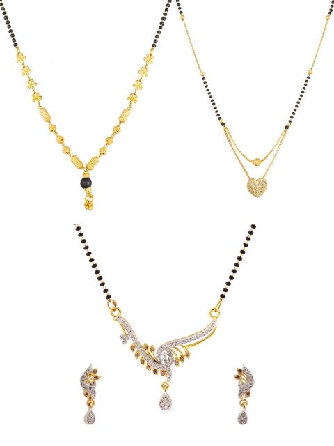 

aadita Set Of 3 Gold-Plated Black & White Stone Studded & Beaded Mangalsutra With Earrings