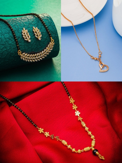 

aadita Set Of 3 Gold-Plated White Stone-Studded & Black-Beaded Mangalsutra With Earrings