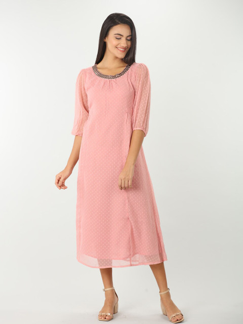 

Mustard Women Peach-Coloured A-Line Midi Dress