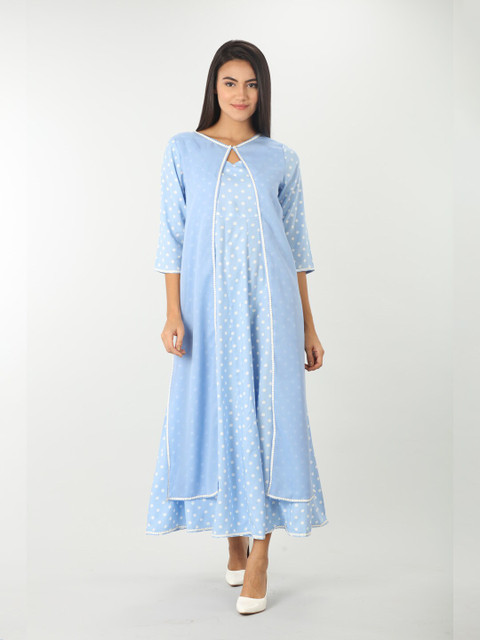 

Mustard Women Blue Polka Dot Georgette A-Line Maxi Dress