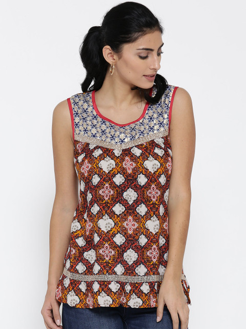 

AKKRITI BY PANTALOONS Women Orange Off-White Printed Top