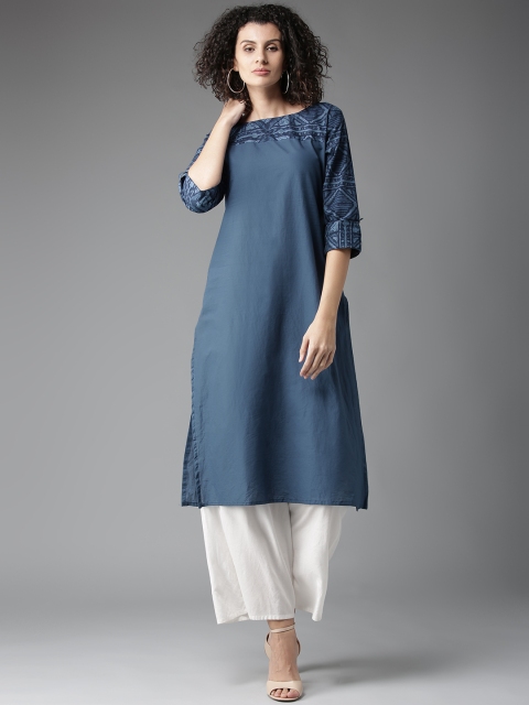 

HERE&NOW Women Blue Solid Straight Kurta