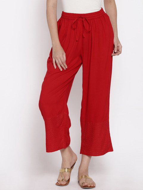 

RANGMANCH BY PANTALOONS Women Red Printed Detail Wide Leg Cropped Palazzos