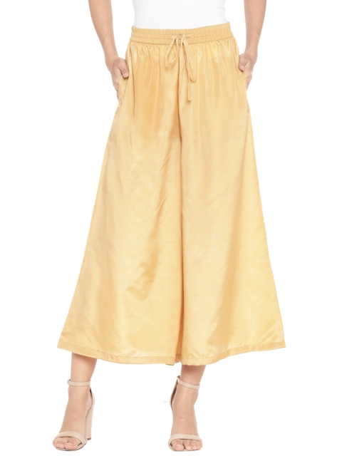

RANGMANCH BY PANTALOONS Women Mustard Yellow Flared Solid Cropped Palazzos