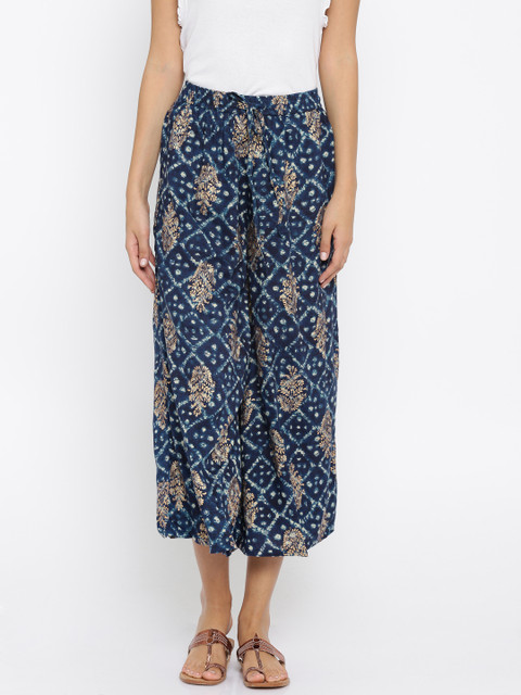 

RANGMANCH BY PANTALOONS Women Blue Printed Flared Palazzos, Navy blue