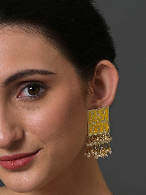 

SOHI Yellow & White Gold-Plated Contemporary Drop Earrings