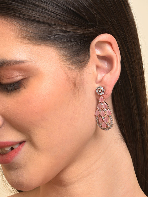 

SOHI Pink Gold-Plated Teardrop Shaped Drop Earrings