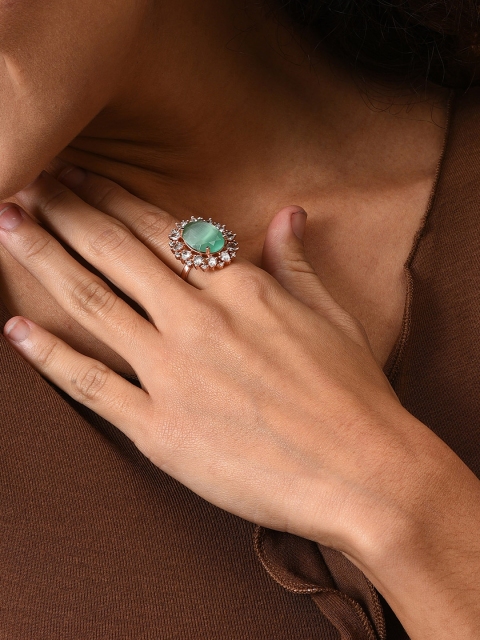 

SOHI Green & White Gold-Plated Artificial Stone-Studded Finger Ring