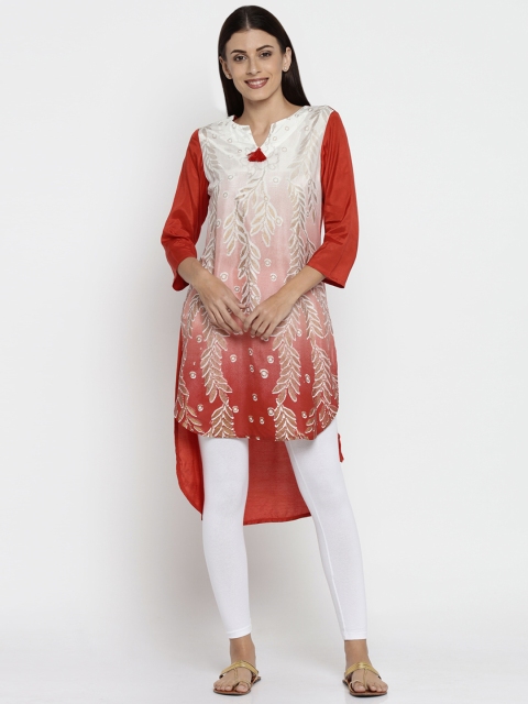 

AKKRITI BY PANTALOONS Red & Off-White Printed High-Low Tunic