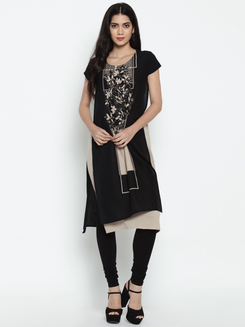 

RANGMANCH BY PANTALOONS Women Black & Taupe Printed Straight Kurta