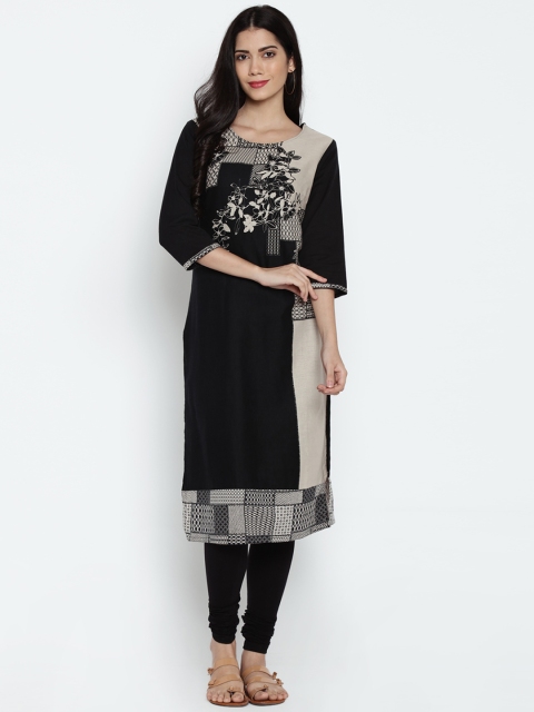 

RANGMANCH BY PANTALOONS Women Black & Taupe Printed Straight Kurta