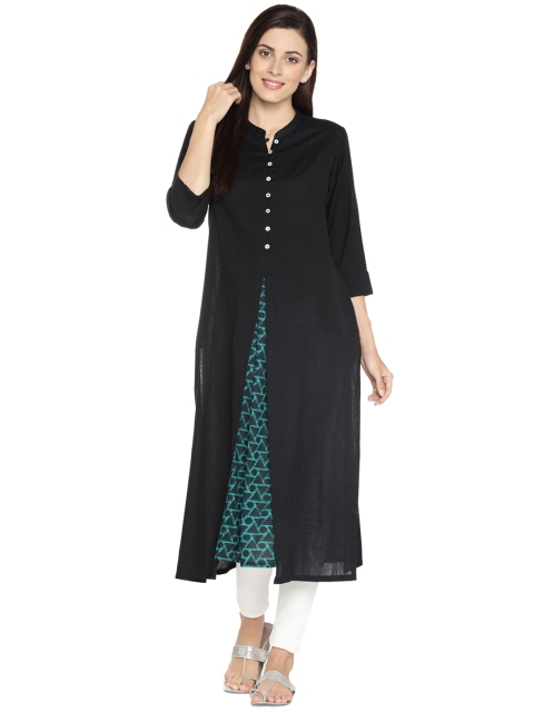 

RANGMANCH BY PANTALOONS Women Black Solid Layered Straight Kurta