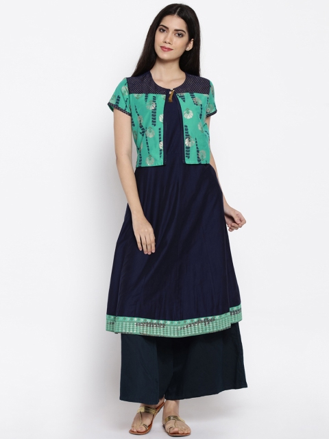 

RANGMANCH BY PANTALOONS Women Navy & Green Printed A-Line Kurta, Navy blue