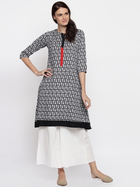 

RANGMANCH BY PANTALOONS Women Black & Grey Floral Print A-Line Kurta