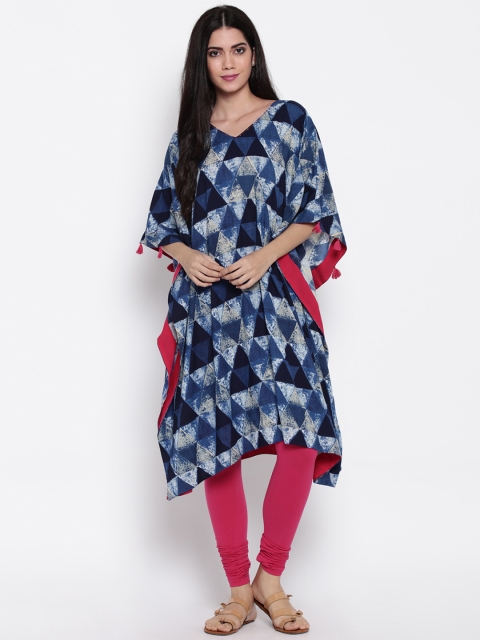 

RANGMANCH BY PANTALOONS Women Blue Geometric Print Asymmetrical Hem Straight Kurta