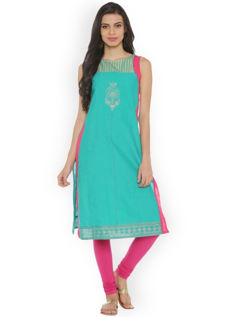 

RANGMANCH BY PANTALOONS Women Teal & Pink Solid A-Line Kurta