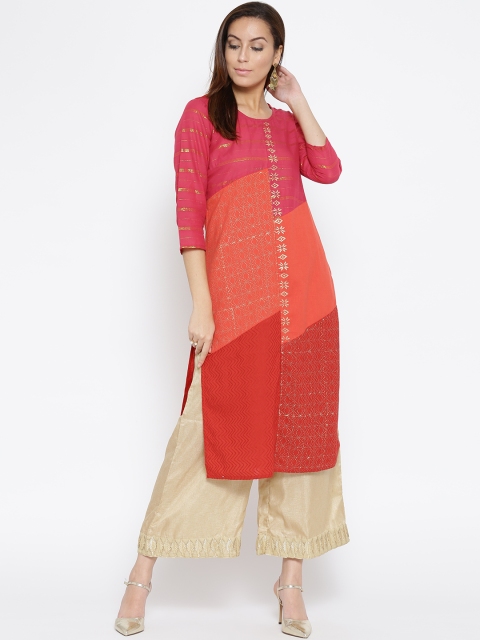 

RANGMANCH BY PANTALOONS Women Pink & Orange Colourblocked Printed Straight Kurta
