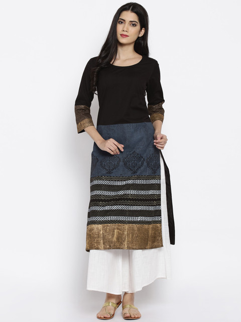 

RANGMANCH BY PANTALOONS Women Black & Blue Printed Straight Kurta