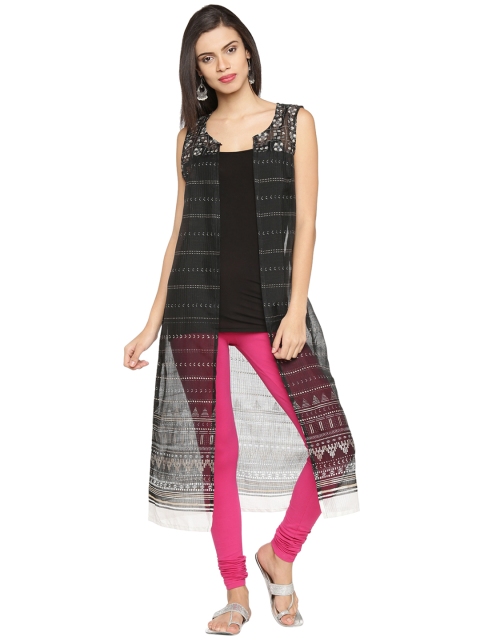 

RANGMANCH BY PANTALOONS Women Black Printed Sheer Longline Ethnic Jacket